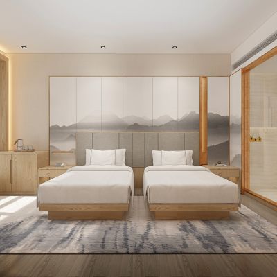 新中式客房山水壁画飘窗