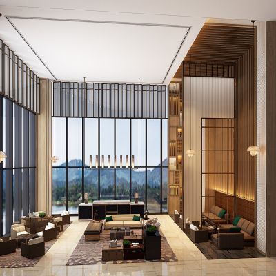 新中式现代酒店大堂吧休闲区沙发