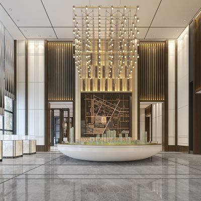 现代新中式售楼处大堂沙盘区