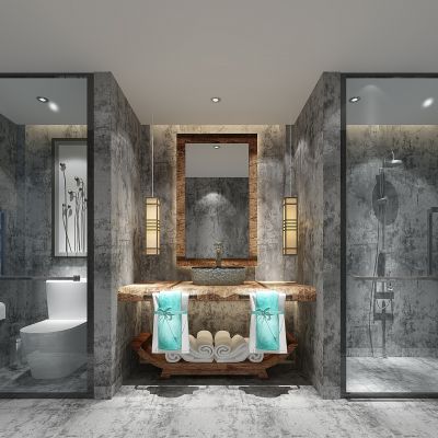 现代民宿卫生间粗糙木头