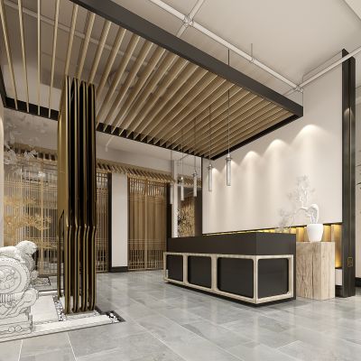 中式日式前厅接待抱鼓接待厅台格栅