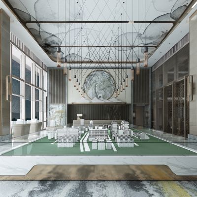 现代新中式售楼处大堂沙盘区吊灯