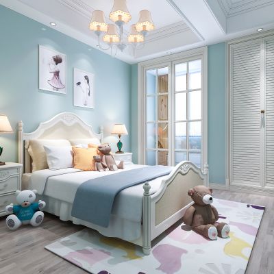 欧式简约女儿房 儿童房  床 床头柜 台灯 地毯 吊灯 挂画 摆件