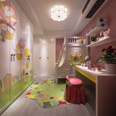 美式简约女儿房 儿童房  床 书桌椅 摆件衣柜 吊灯 地毯