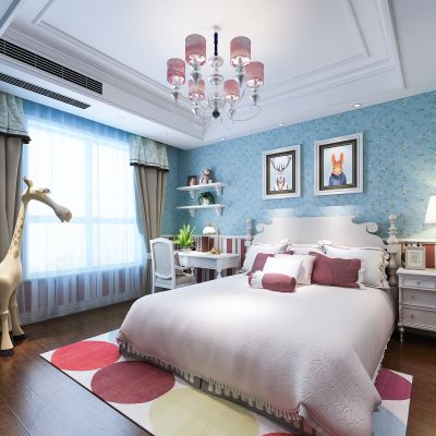 欧式女儿房 儿童房 床 床头柜 台灯 吊灯 书桌椅 摆件地毯 壁纸