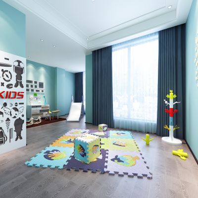 现代儿童活动室 娱乐室  桌椅 滑滑梯 墙饰 地垫 摆件 