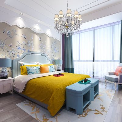 欧式男孩房 儿童房 床 床头柜 台灯 吊灯 电视柜 沙发 背景墙