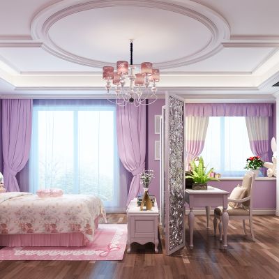 欧式简约女儿房 儿童房  床 床头柜 台灯 地毯 吊灯 书桌椅 书柜 摆件