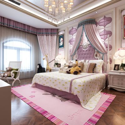 欧式女儿房 儿童房 床 床幔 床头柜 台灯 摆件 摇椅 吊灯 墙饰 地毯 窗帘