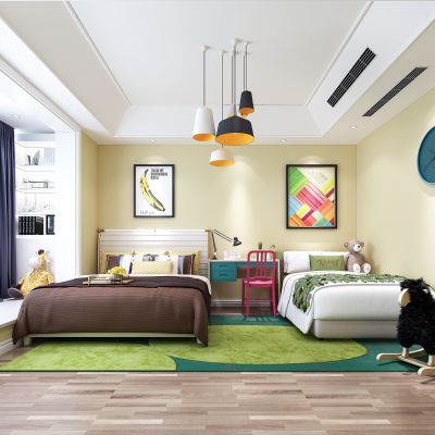 现代男孩房 儿童房 床 书桌椅 吊灯 摆件 地毯 书柜 挂画