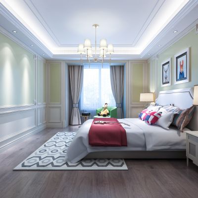 欧式简约儿童房  床 床头柜 台灯 地毯 吊灯 挂画 