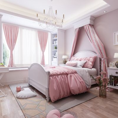 简欧女儿房 儿童房 床 床幔 床头柜 台灯 吊灯 书桌 摆件