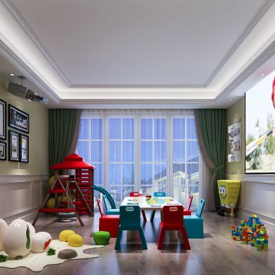 现代儿童活动室 休闲娱乐室 桌椅 玩具 滑梯 挂画 显示屏