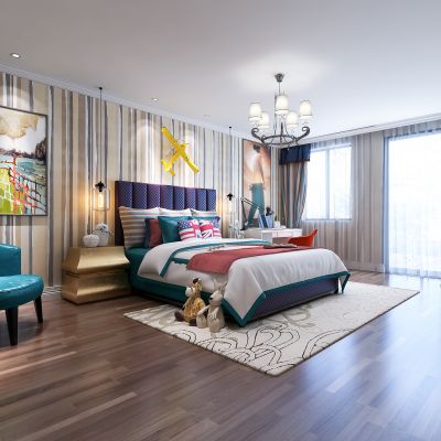 美式男孩房 儿童房 床 床头柜 吊灯 挂画 书桌椅 地毯