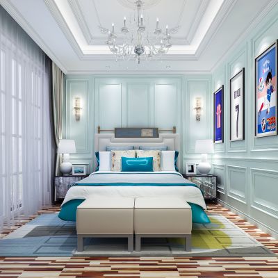 欧式男孩房 儿童房 床 床头柜 台灯 摆件 挂画 壁灯 吊灯 地毯 窗帘