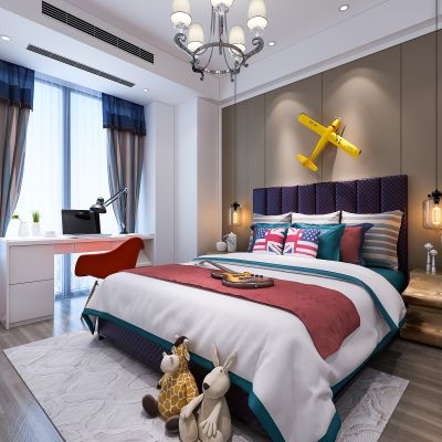 美式男孩房 儿童房  床 地毯 吊灯 书桌椅 摆件 床头柜