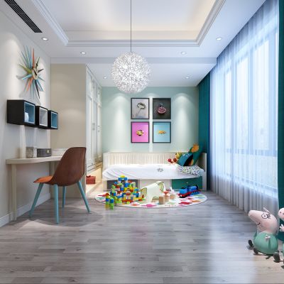 美式男孩房  儿童房 床 书桌椅 摆件 衣柜 吊灯