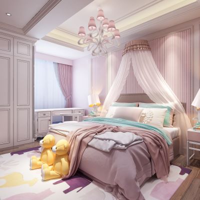 欧式简约女儿房 儿童房  床 床幔 床头柜 吊灯 地毯 摆件 衣柜 台灯 桌椅