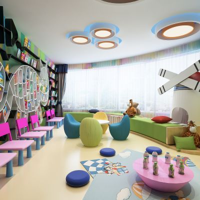 现代幼儿园 儿童活动区 图书室  书架 图书 桌椅 摆件 吊灯