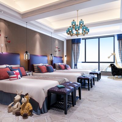 欧式简约男孩房 儿童房  床  吊灯  床头柜  抱枕  玩偶摆件