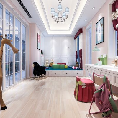 简欧女儿房 儿童房 榻榻米 书桌椅 吊灯 摆件 挂画