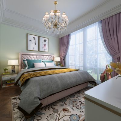 欧式简约女孩房 儿童房  床 吊灯 地毯 床头柜 台灯 挂画 吊灯摆件