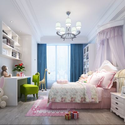 美式女儿房  儿童房 床 床幔 书桌椅 摆件 床头柜 台灯 吊灯