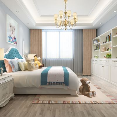 欧式简约男孩房 儿童房 床 床头柜 台灯 地毯 吊灯 书柜 摆件