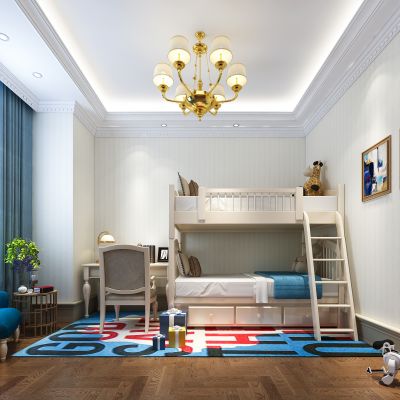 美式男孩房  儿童房 床 地毯 挂画 吊灯 书桌椅 摆件 沙发茶几