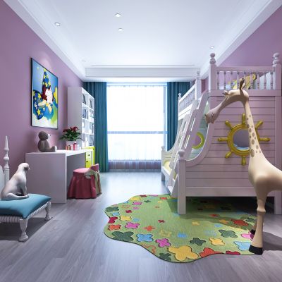 美式儿童房  女儿房 书桌椅 床 地毯 摆件 挂画 书柜 