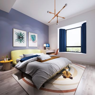 现代儿童房 男孩房  床 挂画 吊灯 书桌椅 摆件 床头柜 地毯