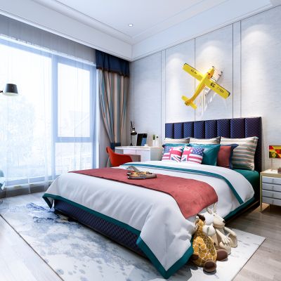 现代儿童房 男孩房 床 床头柜 台灯 摆件 地毯 书桌椅 