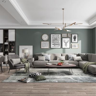 北欧客厅餐厅，沙发，电视柜，餐桌椅，吊灯，装饰画，装饰柜