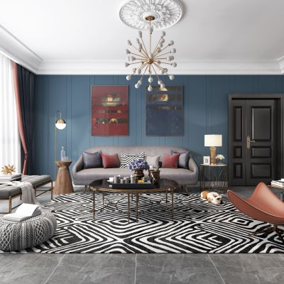 轻奢混搭客厅餐厅，沙发，餐桌，壁炉，吊灯，装饰画，