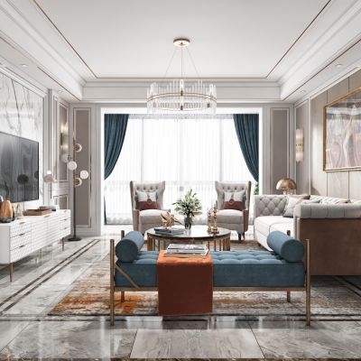 现代轻奢客厅餐厅，沙发，餐桌，电视柜，吊灯，装饰画