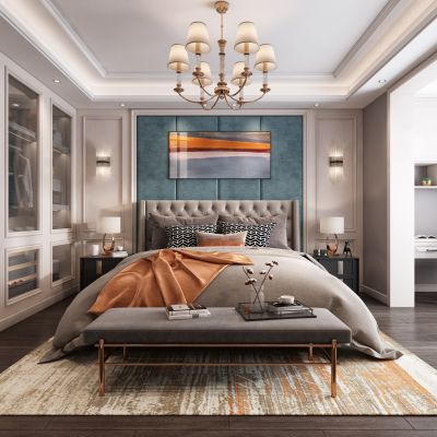 简美式卧室，床，装饰画，吊灯，书桌，衣柜