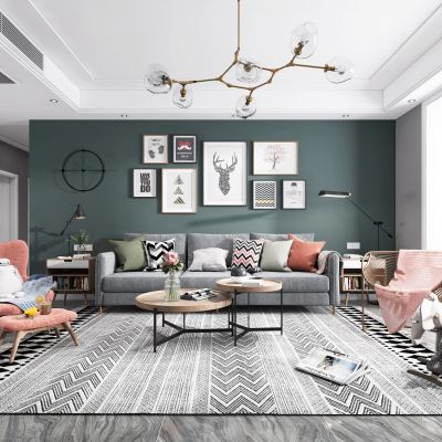 北欧客厅餐厅，沙发，电视柜，餐桌椅，吊灯，装饰画