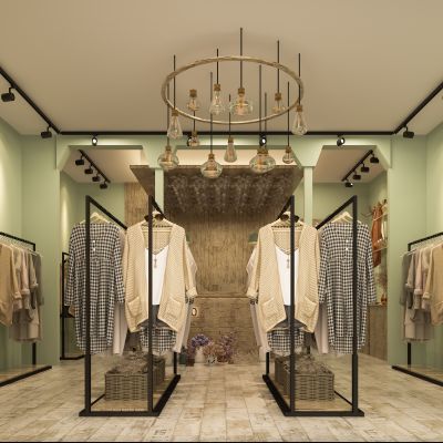现代服装店  女装店  衣服 衣架  摆件  干花  吊灯  吧台