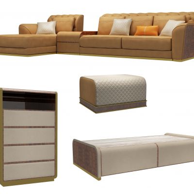 现代皮革转角多人沙发