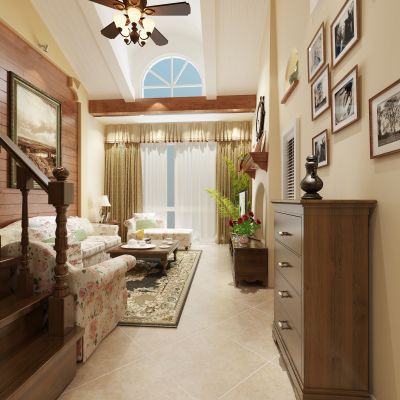 美式乡村别墅客厅餐厅