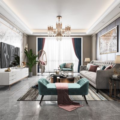 现代轻奢客厅餐厅，沙发，餐桌，电视柜，吊灯，装饰画
