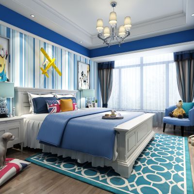 地中海男孩房  儿童房  床 床头柜 台灯  吊灯 单椅  挂画 