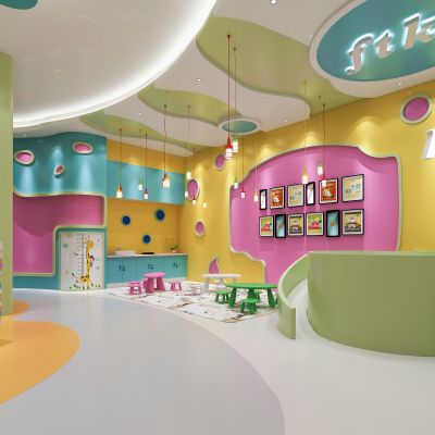 现代幼儿园  早教园  吊灯 桌椅  挂画 