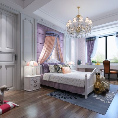 欧式女孩房  儿童房  床  床头柜   台灯  地毯  吊灯 书桌椅