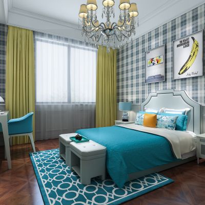 地中海男孩房  儿童房  床 床头柜 台灯  吊灯 书桌椅  挂画