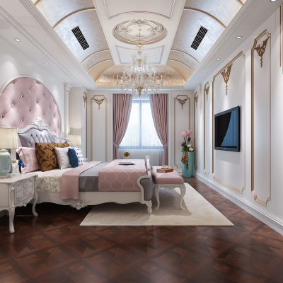 欧式女孩房  儿童房  床  床头柜   台灯 落地灯  地毯  吊灯  雕花
