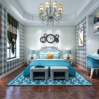 地中海男孩房  儿童房  床 床头柜 台灯  吊灯 书桌椅  挂画