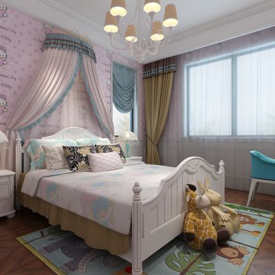 欧式女孩房 儿童房  床 床头柜 台灯  吊灯  挂画 书桌椅 