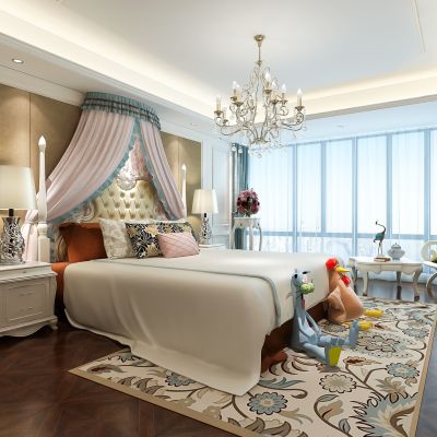 欧式女孩房 儿童房  床 床头柜 台灯  吊灯  挂画 电视柜 