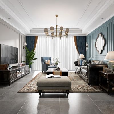 简美式客厅餐厅,沙发，电视柜，餐桌，吊灯，装饰画